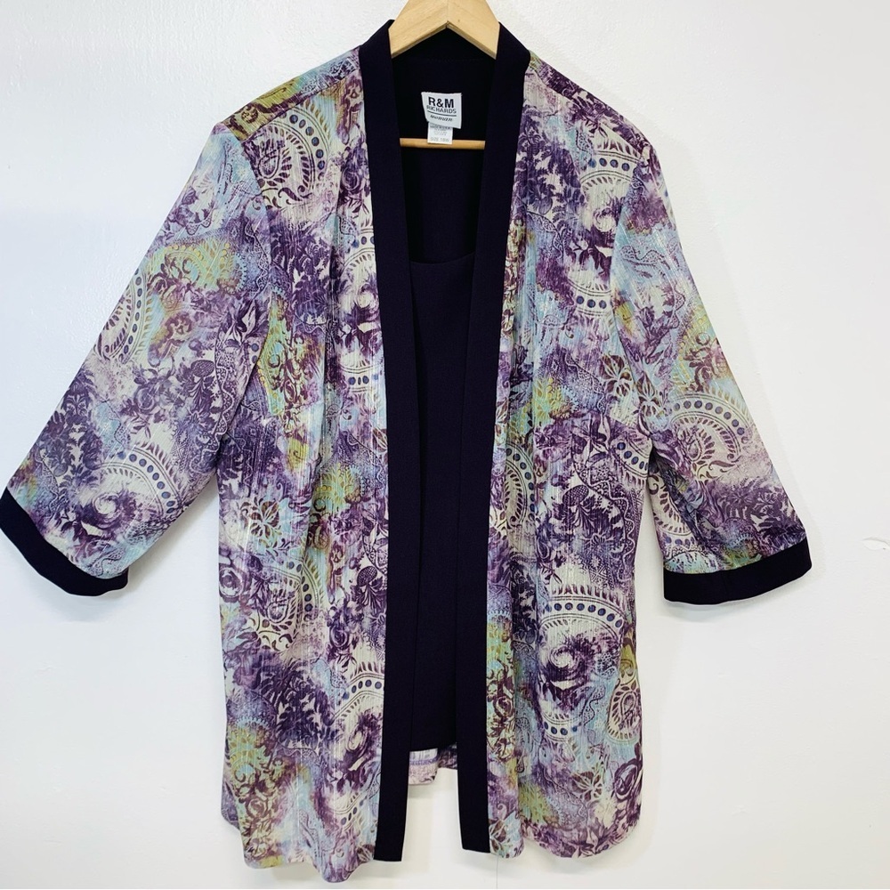 R M Richards Top Woman 18W Purple Floral Faux Twin Jacket Long Line Lagenlook